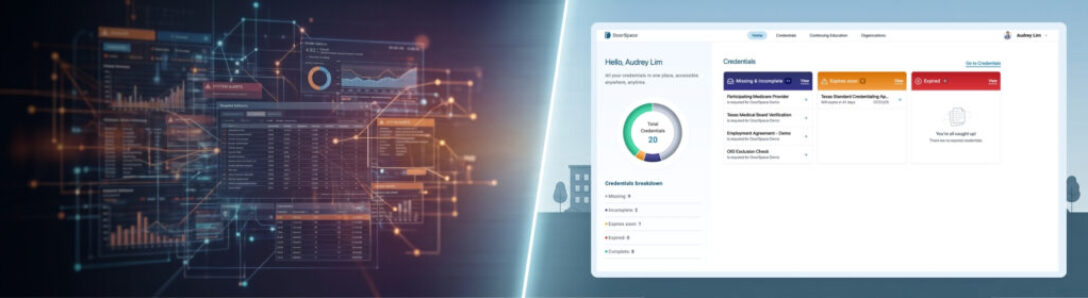 A modern digital dashboard of a credentialing software for rural hospitals showing streamlined healthcare staffing workflows.