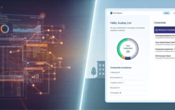 A modern digital dashboard of a credentialing software for rural hospitals showing streamlined healthcare staffing workflows.