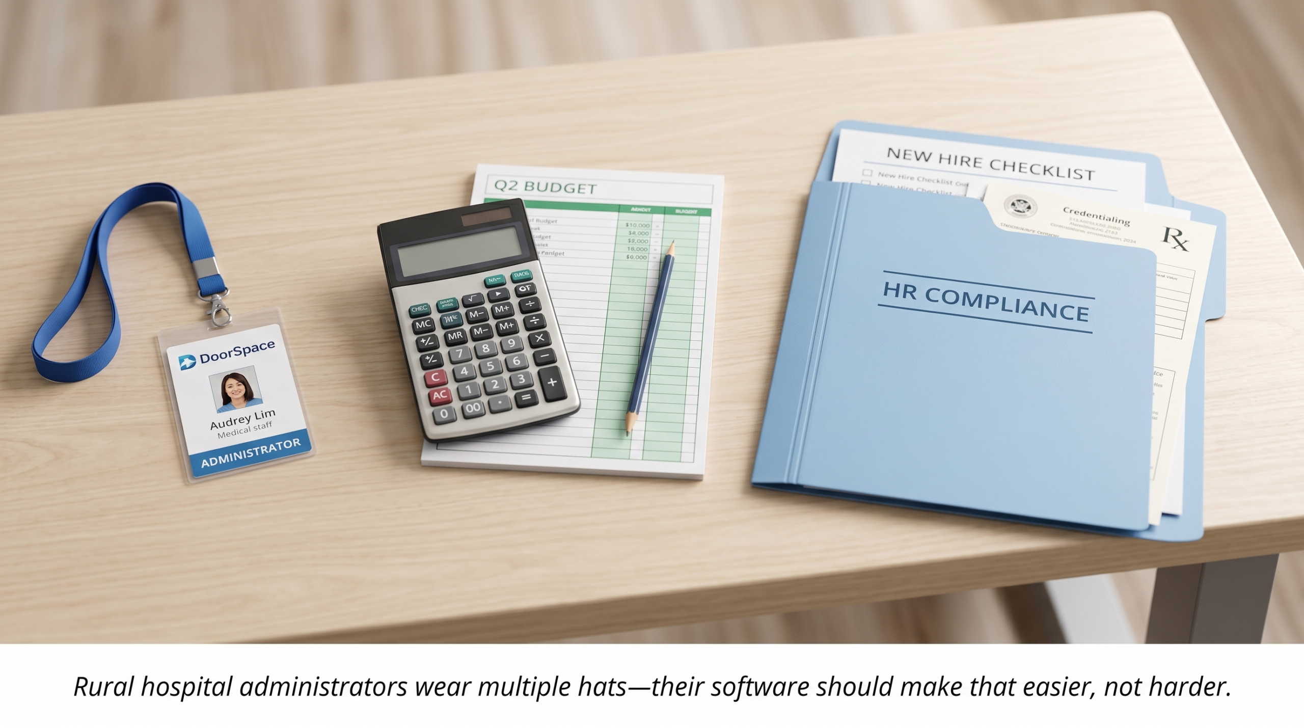 A rural hospital administrator's desk with HR compliance folders, a budget sheet, and a DoorSpace ID badge representing multiple administrative roles.