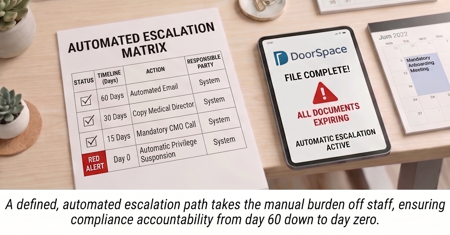 Automated Escalation Matrix Policy for Provider Credentialing Automated escalation matrix table showing 60-day, 30-day, 15-day, and Day 0 triggers alongside a tablet displaying DoorSpace automatic escalation active alert.