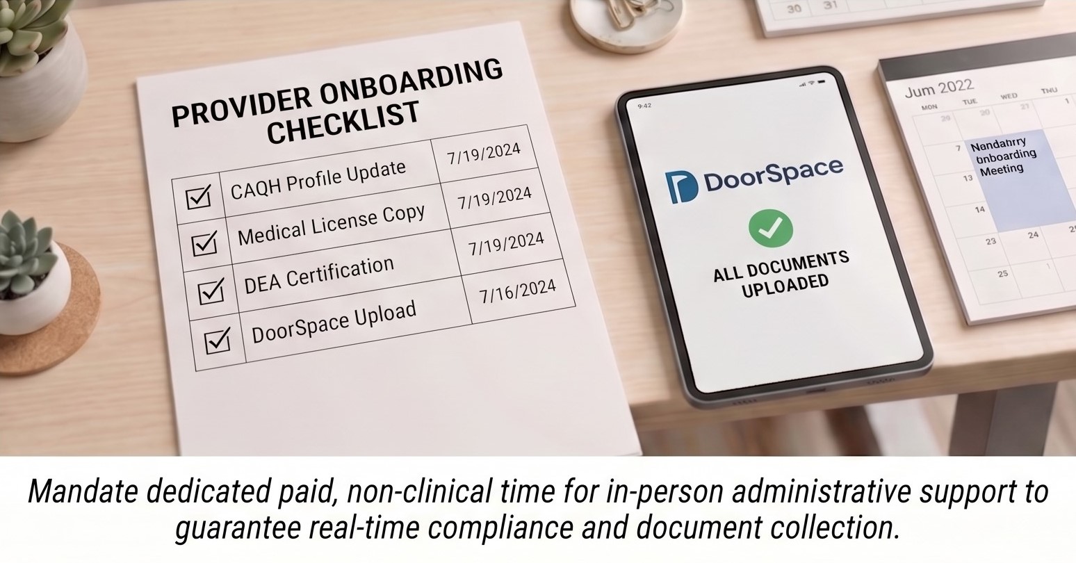 Concierge Provider Onboarding Checklist and DoorSpace Document Upload Provider onboarding checklist with completed items for CAQH, Medical License, and DEA certification next to a tablet displaying DoorSpace platform with all documents uploaded.