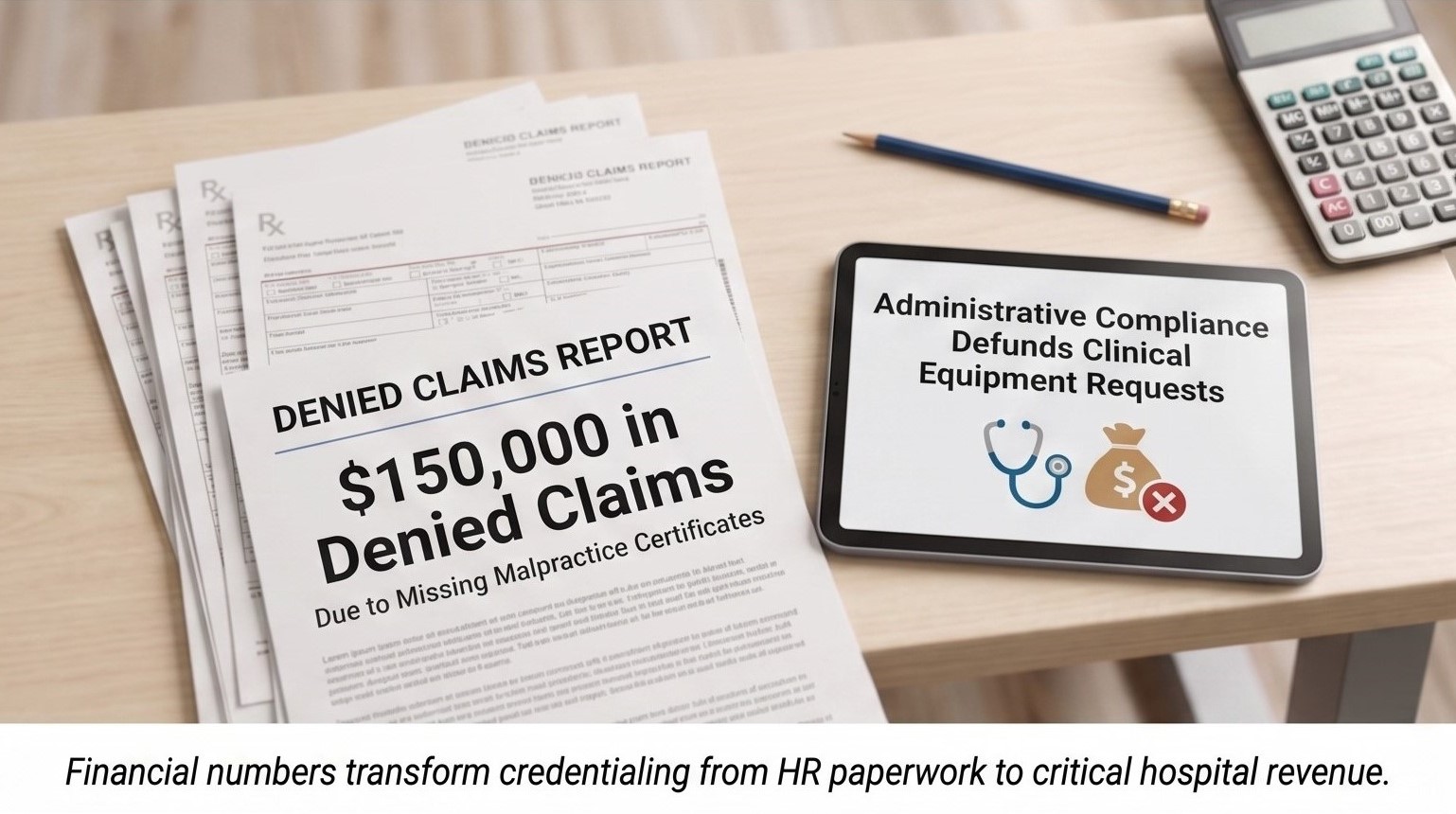 denied-claims-financial-impact-provider-credentialing Denied claims report showing $150,000 lost due to missing malpractice certificates alongside a tablet displaying how administrative compliance impacts clinical equipment funding.