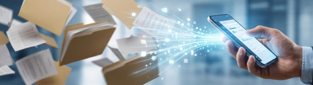 Automating Provider Credentialing to Stop Revenue Leaks A person holding a smartphone digitally absorbing paper files and manila folders, representing automated provider credentialing software.