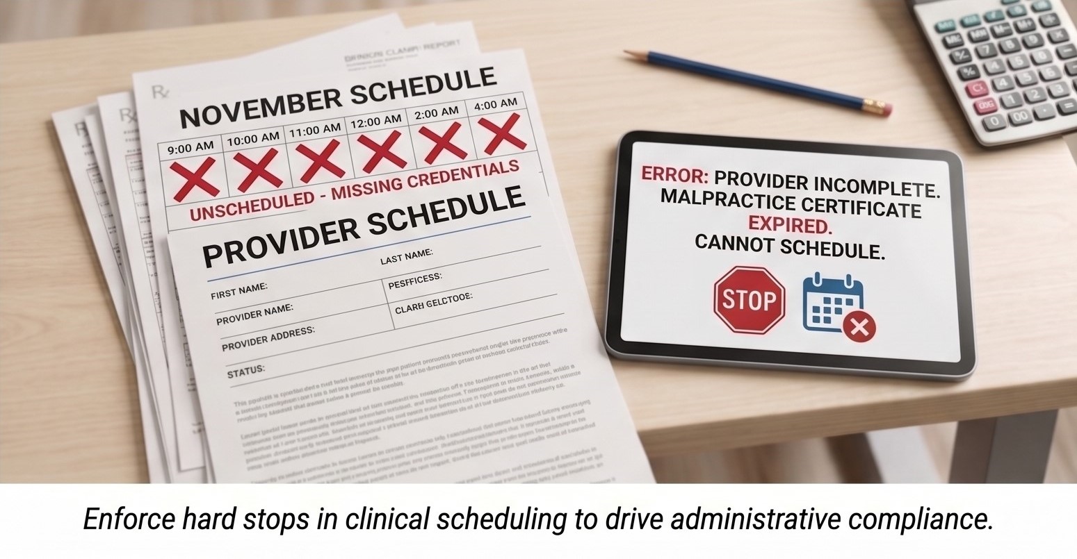 Enforcing Hard Stops in Provider Scheduling for Missing Credentials Provider schedule form marked unscheduled due to missing credentials next to a digital tablet displaying an error message that malpractice insurance is expired.