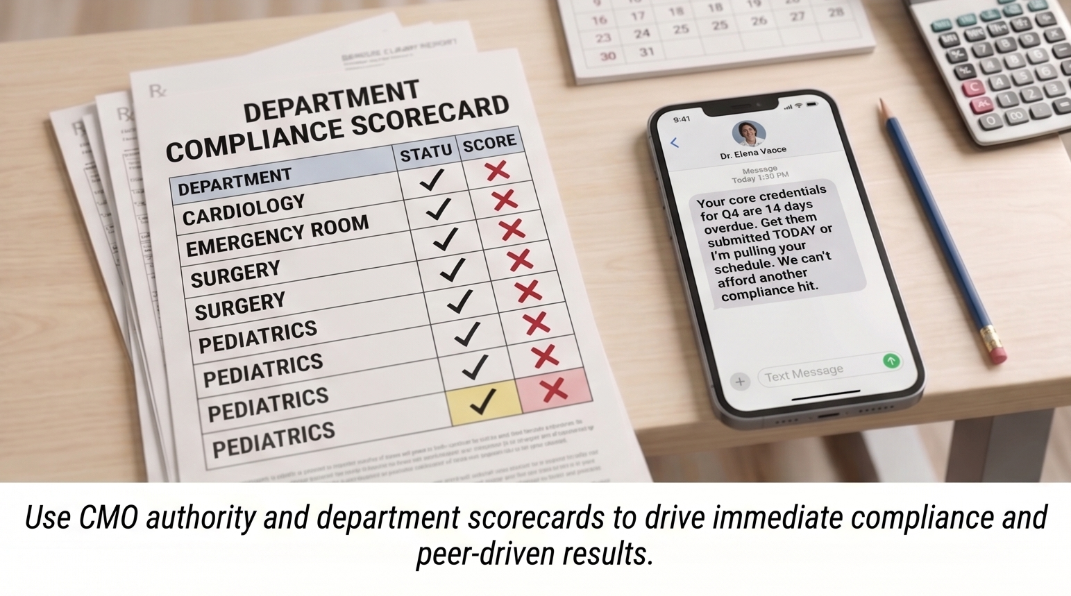 Peer-to-Peer Accountability - CMO Texting Physician and Department Scorecard Department compliance scorecard showing hospital department rankings alongside a smartphone displaying a direct text message from the CMO urging immediate credential updates.